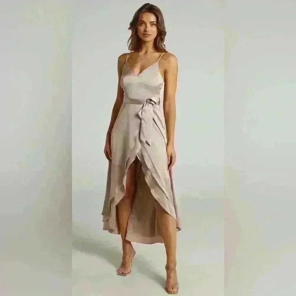 Showpo. NWT Women’s TREASURING YOU WRAP MIDI DRESS IN MOCHA SATIN Size 8